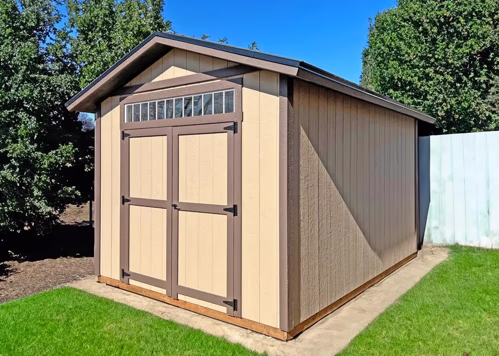 A 10' x 14' Tall Apex with a transom window over the double door