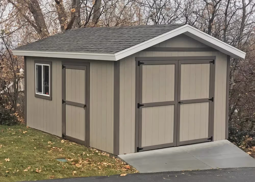 A 12 foot by 16 foot tall apex shed with a concrete floor and other options