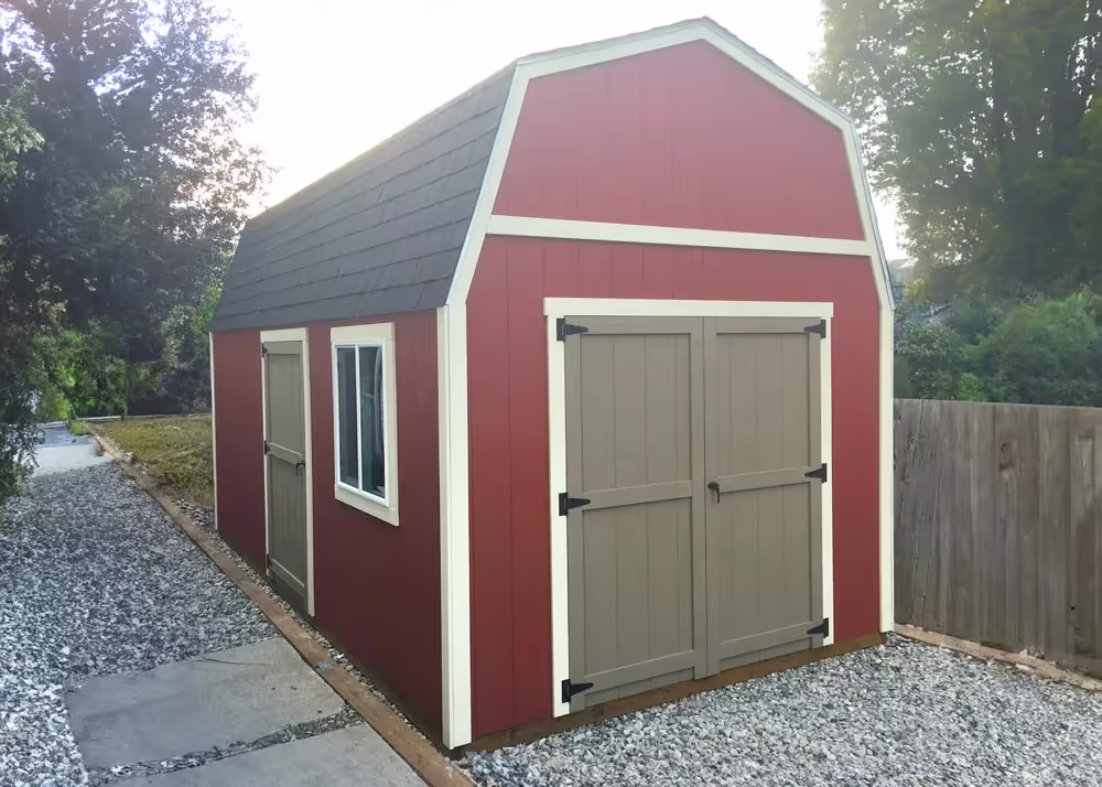 A 10 foot by 20 Foot standard barn shed with an extra single door and window on the side wall