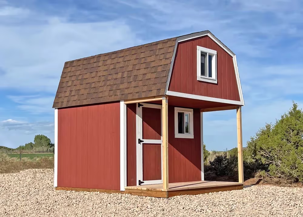 A 10 foot by 12 foot standard barn shed with a loft over a front porch