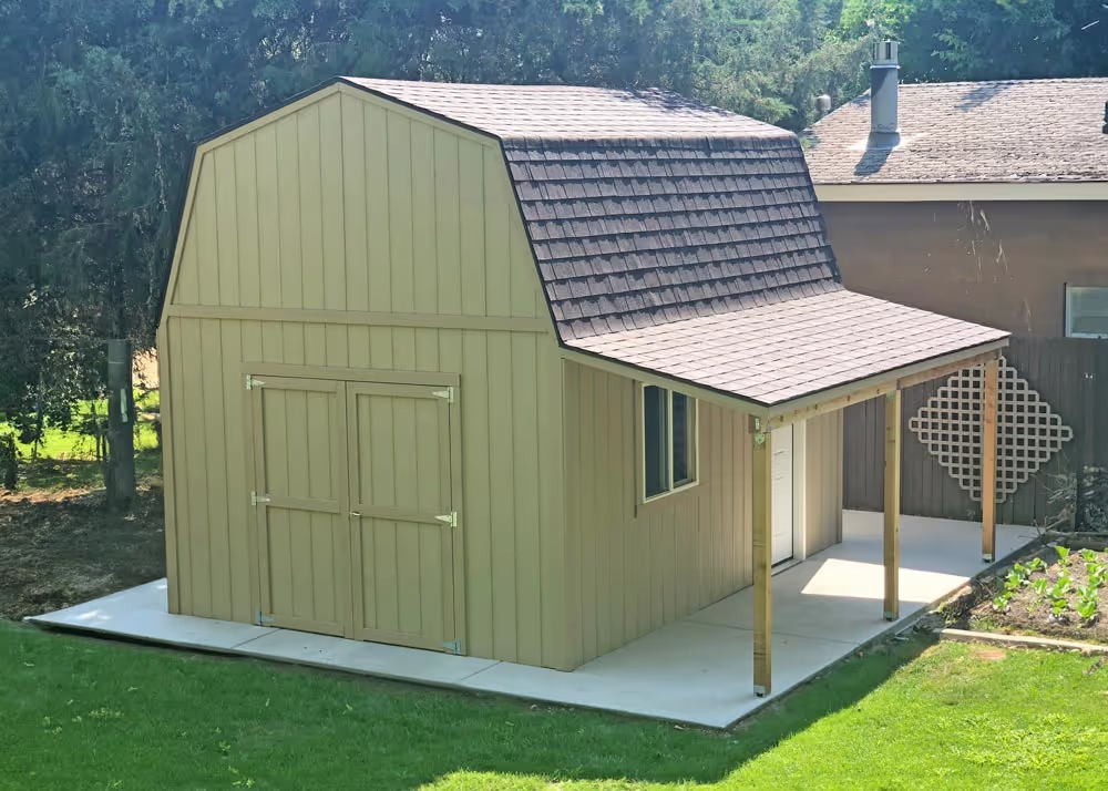 An unpainted 12 foot by 16 foot Tall Barn Shed with a porch overhang and more