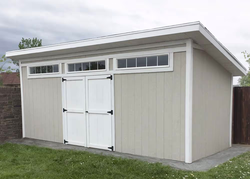 A 10 foot by 20 foot Lean-To Shed with 12 inch roof overhang and transom windows