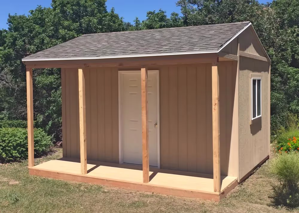 A 14 foot by 12 foot Tall Tack Shed with a steel entry door