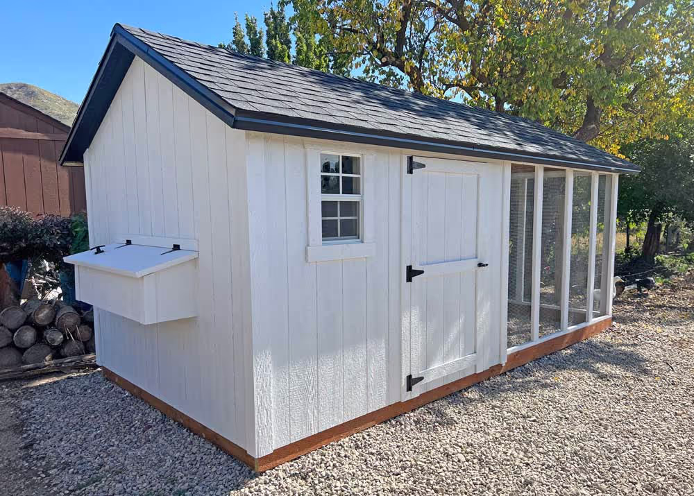 A white and black Coop De'Ville Chicken Coop with black shingled roof