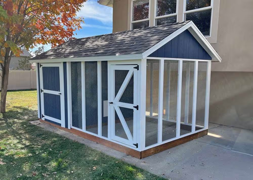 An 8 foot by 14 foot Coop De'Ville chicken coop under a trees with fall colors