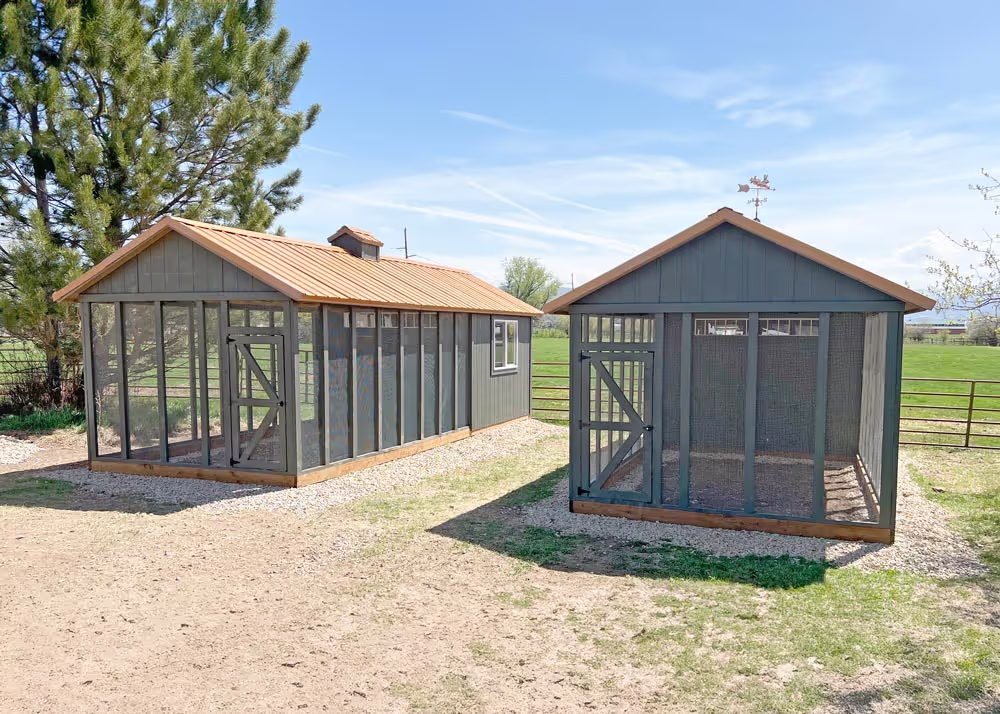 Two custom chicken coops with run and copper metal roof