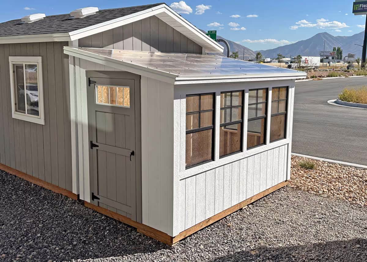 A Lean-To greenhouse shed on the end of a Tall Apex storage shed