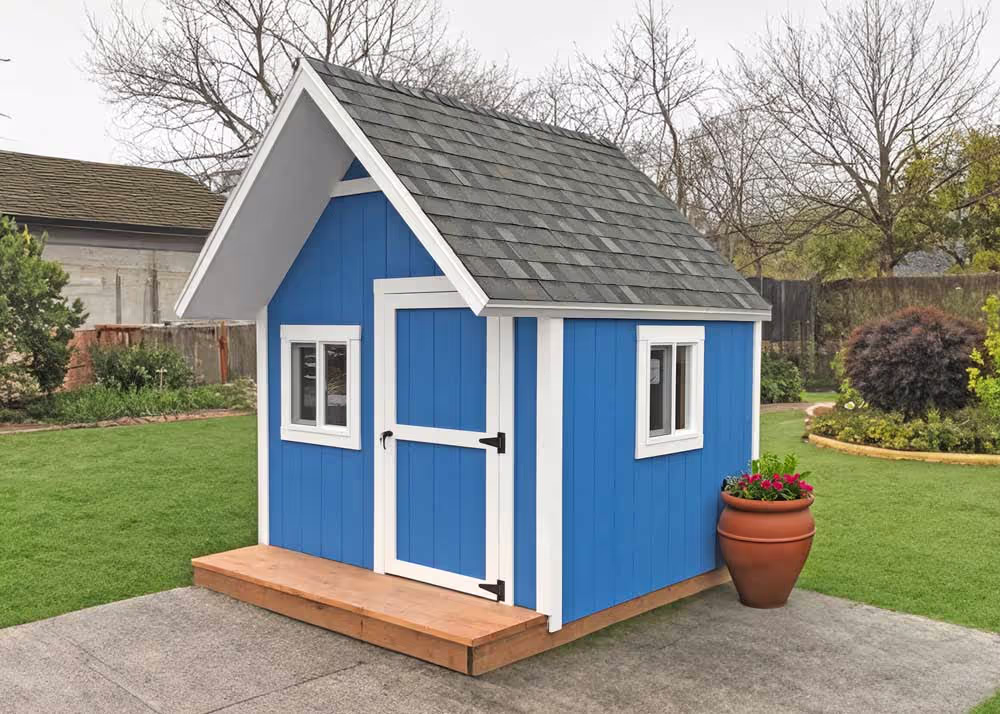 A standard 8 foot by 10 foot clubhouse playhouse in blue and white without porch railing