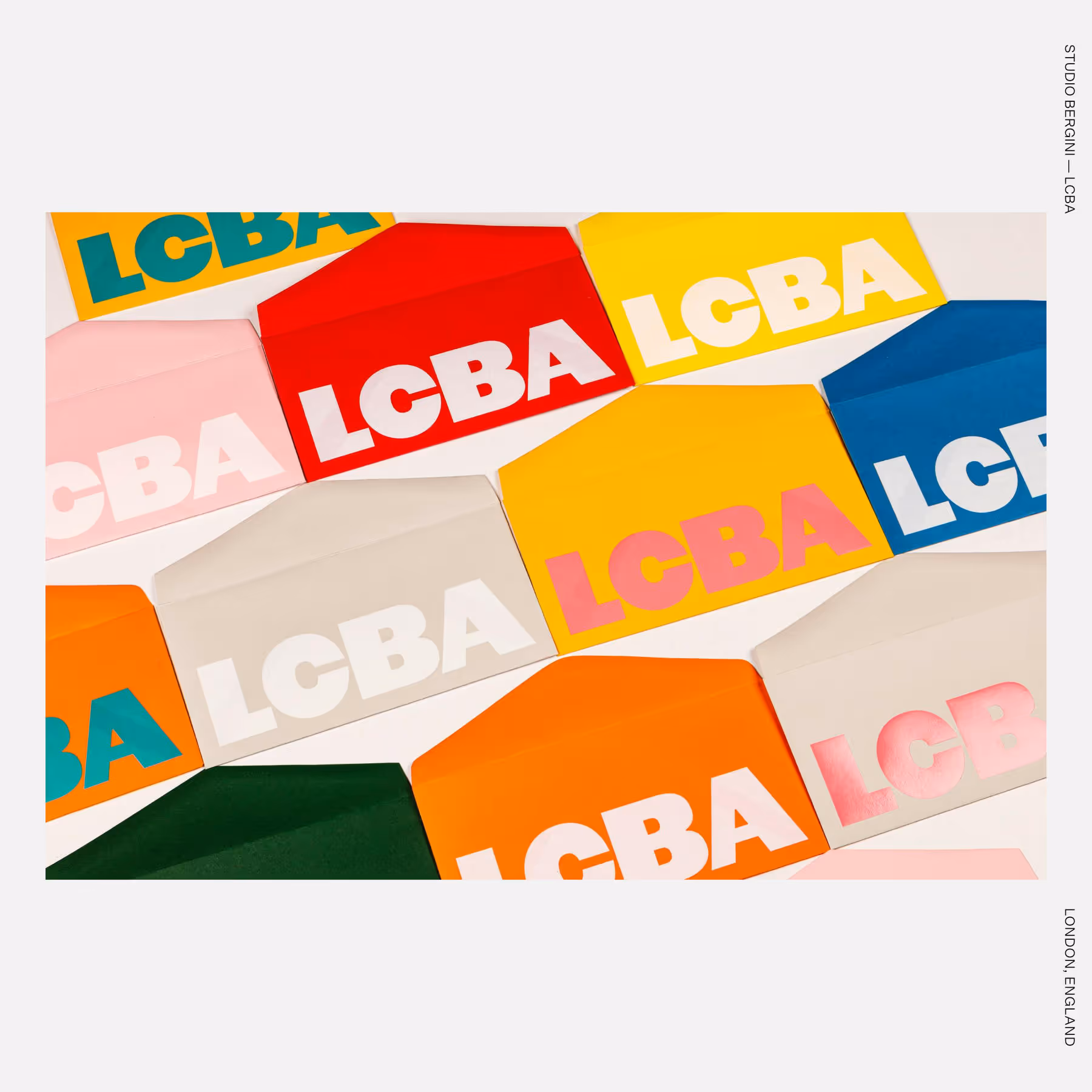 A typographic identity system for LCBA featuring bold sans-serif type, minimalist layouts, and archival imagery on neutral-toned printed matter.