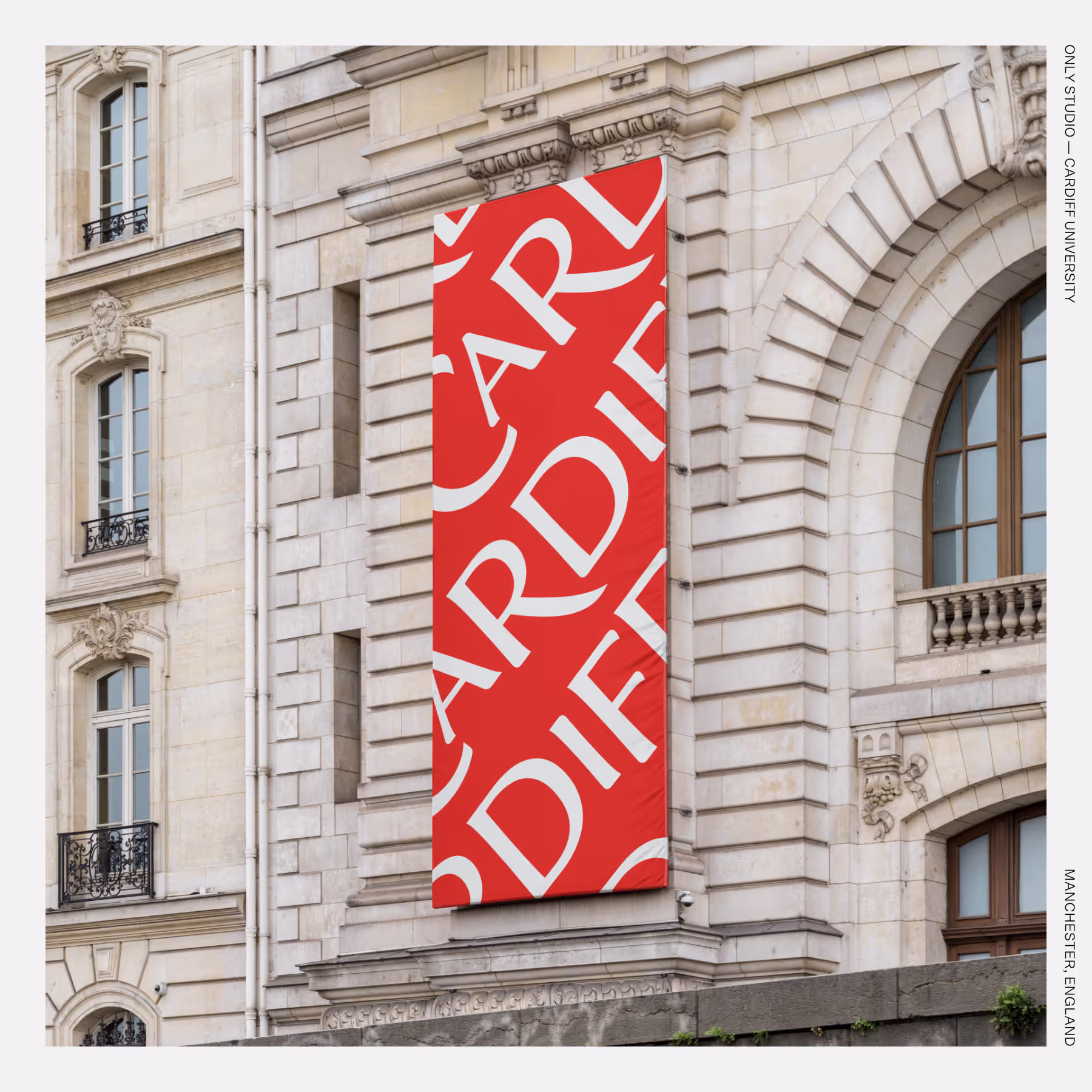 A modern, grid-based design for Cardiff University featuring bold typography, clean layouts, and a contemporary red-and-white color palette.
