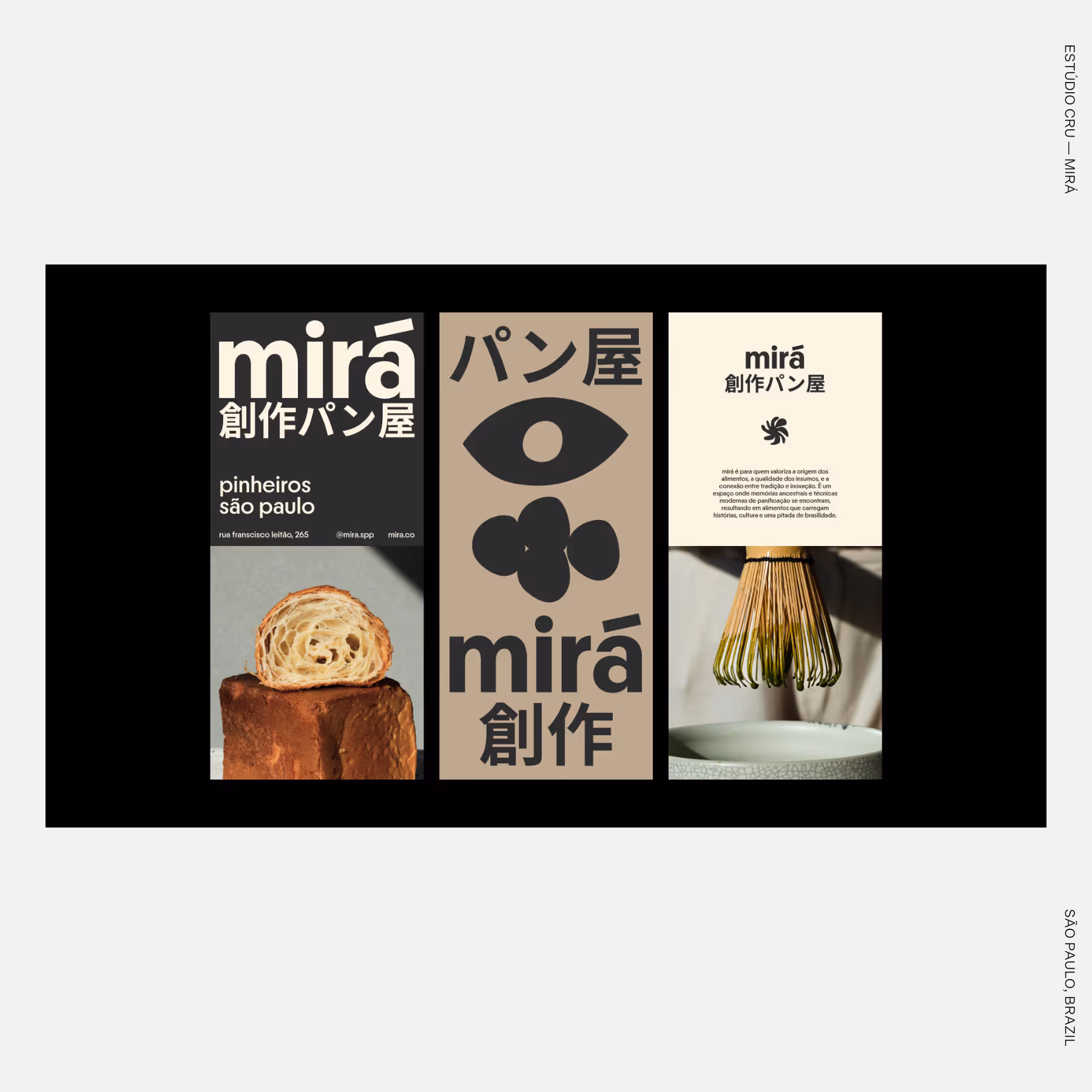 Three-panel branding presentation for Mirá bakery, featuring bold typography with Japanese characters, abstract iconography, and photography of bread and matcha preparation.