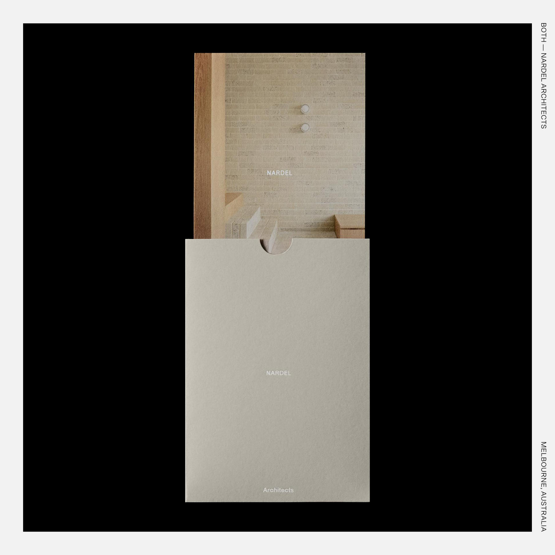 A minimalist printed booklet for Nardel Architects, featuring a neutral-toned sleeve with subtle white text and a photographic insert showcasing architectural details, designed by Melbourne-based Both.
