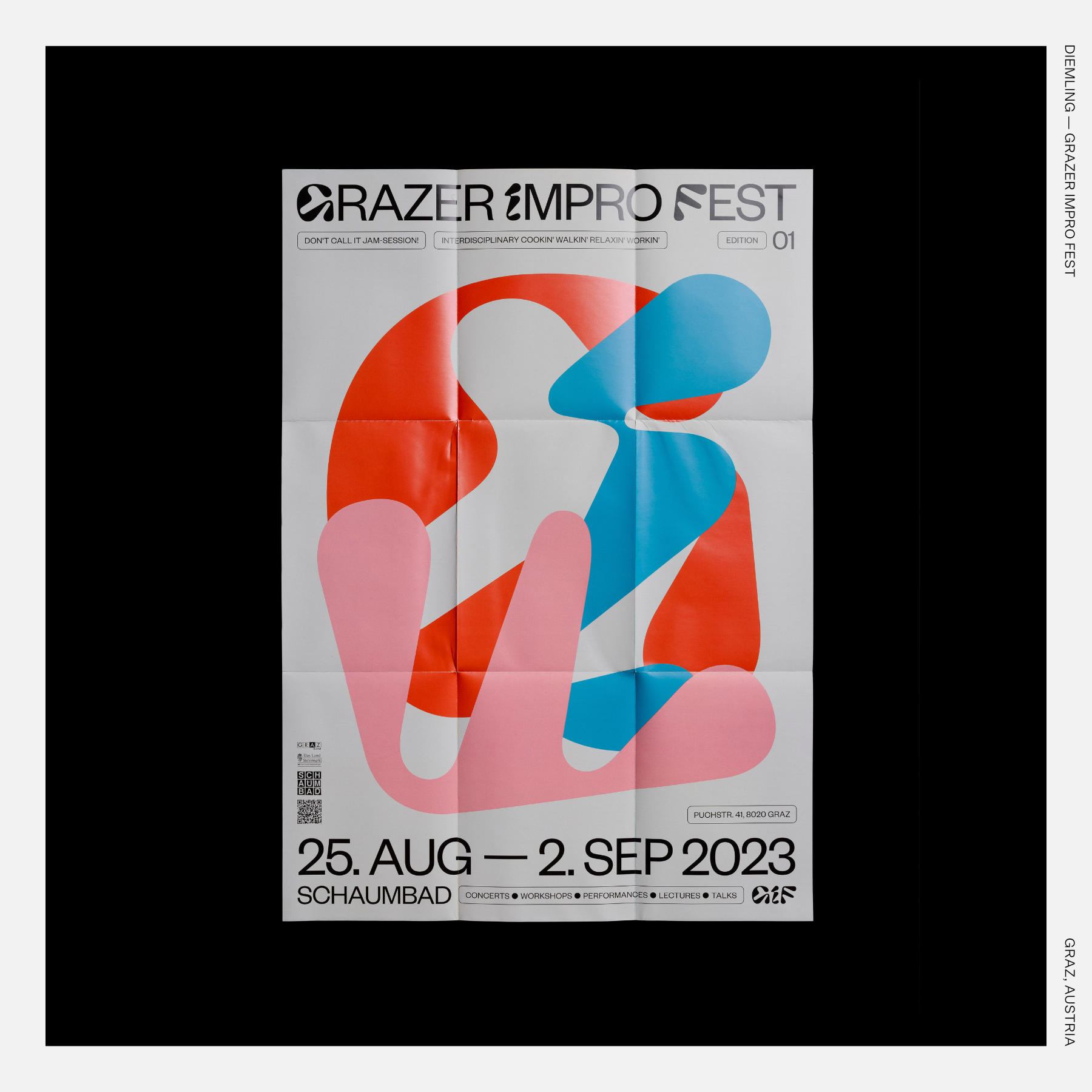 Folded poster for Grazer Impro Fest with abstract red, blue, and pink shapes and event dates.