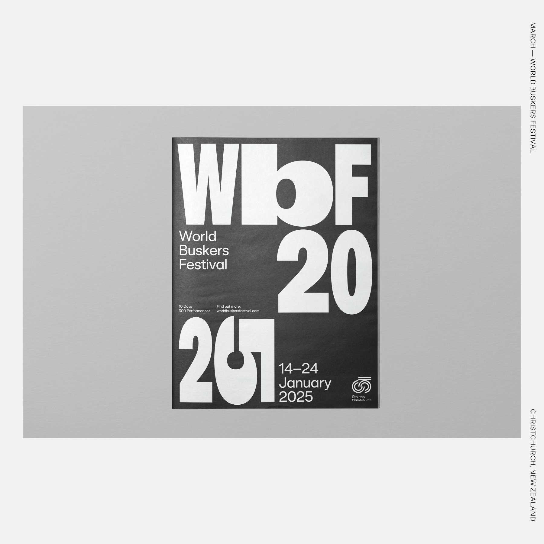 Black-and-white World Buskers Festival 2025 poster advertising “10 Days, 300 Performances” in Ōtautahi Christchurch from 14–24 January 2025.