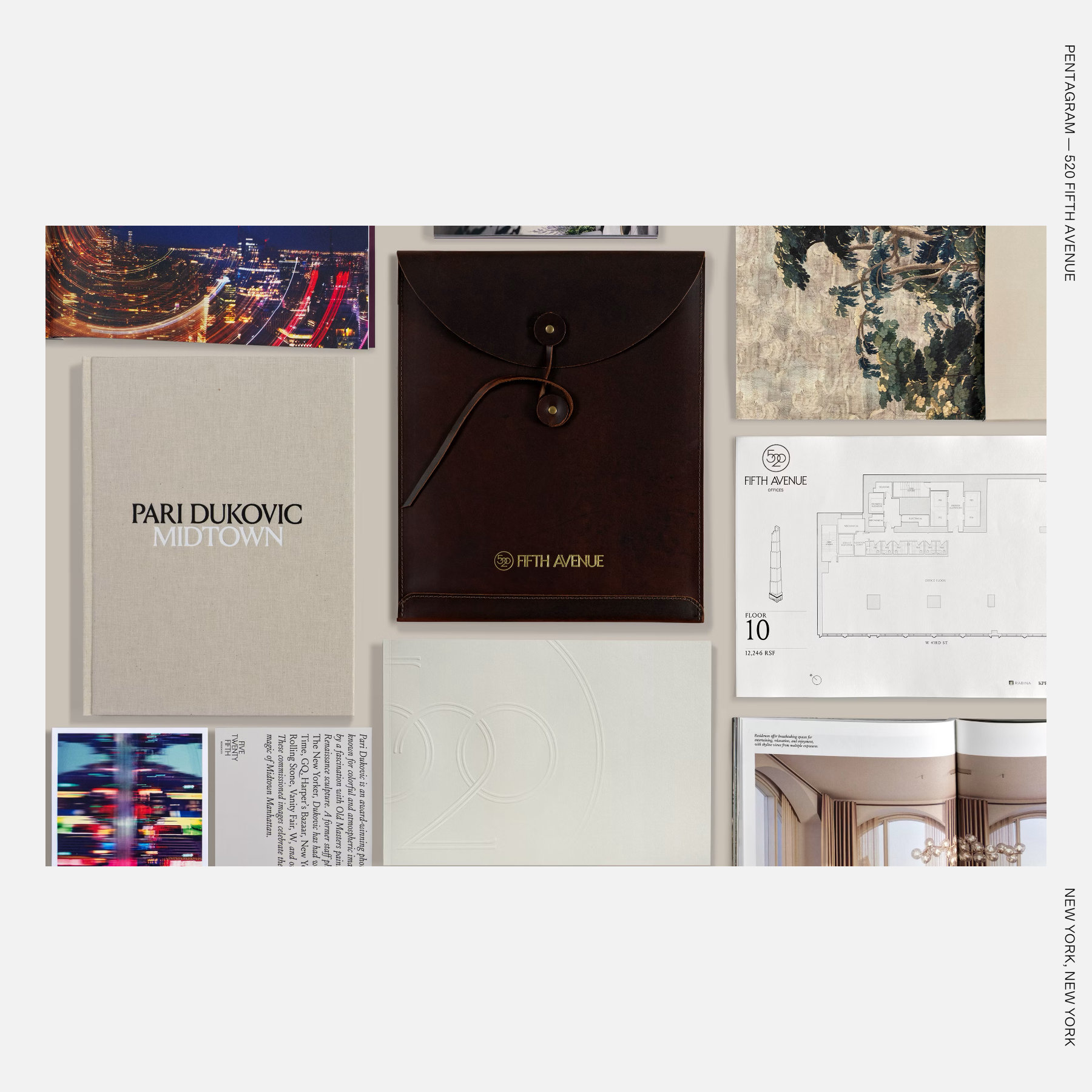 Flat lay of 520 Fifth Avenue branding materials, including a leather portfolio, Midtown book, floor plan, embossed stationery, and architectural imagery.