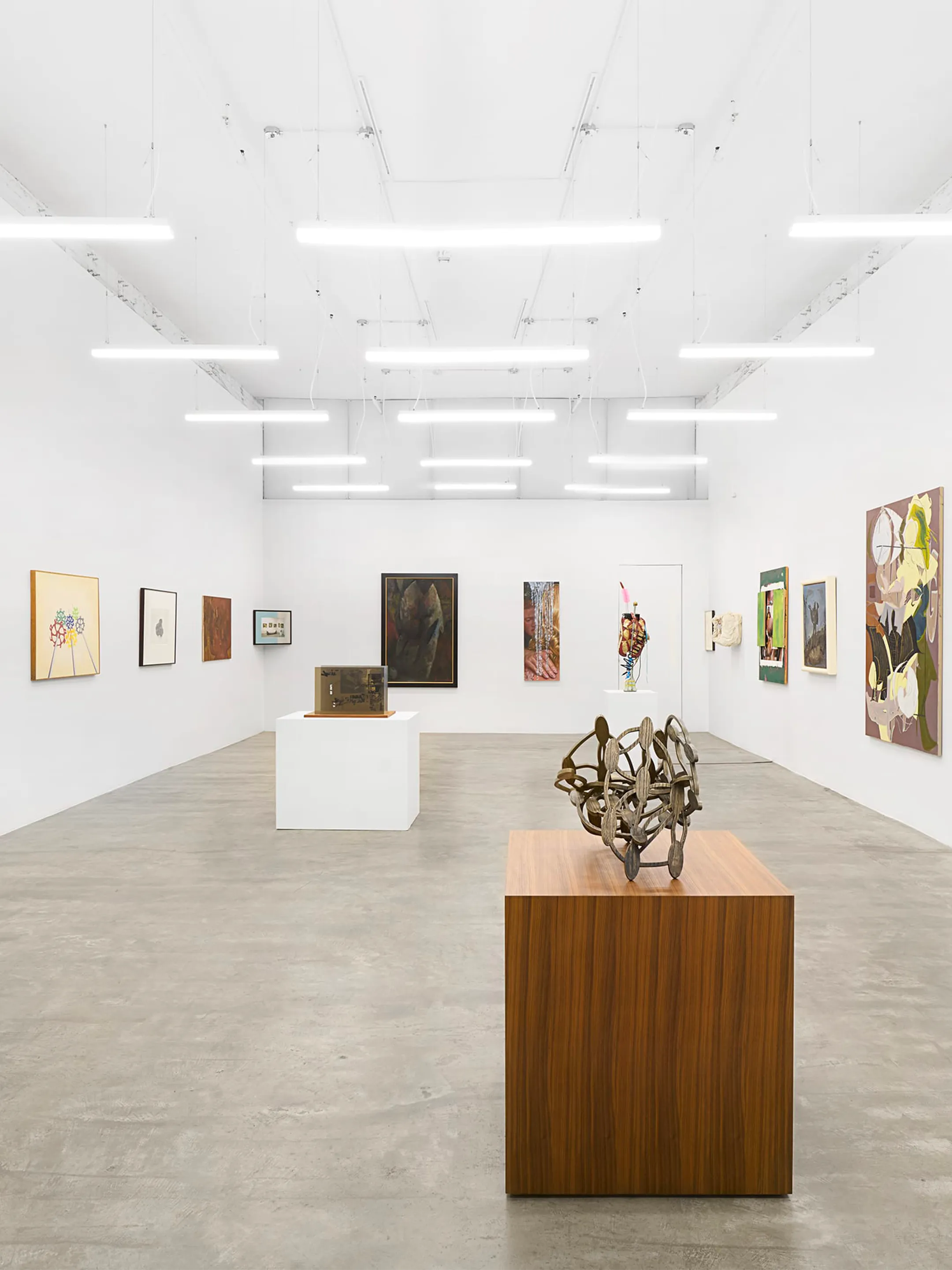 David Lewis Gallery exhibition with paintings on white walls and sculptures on plinths.