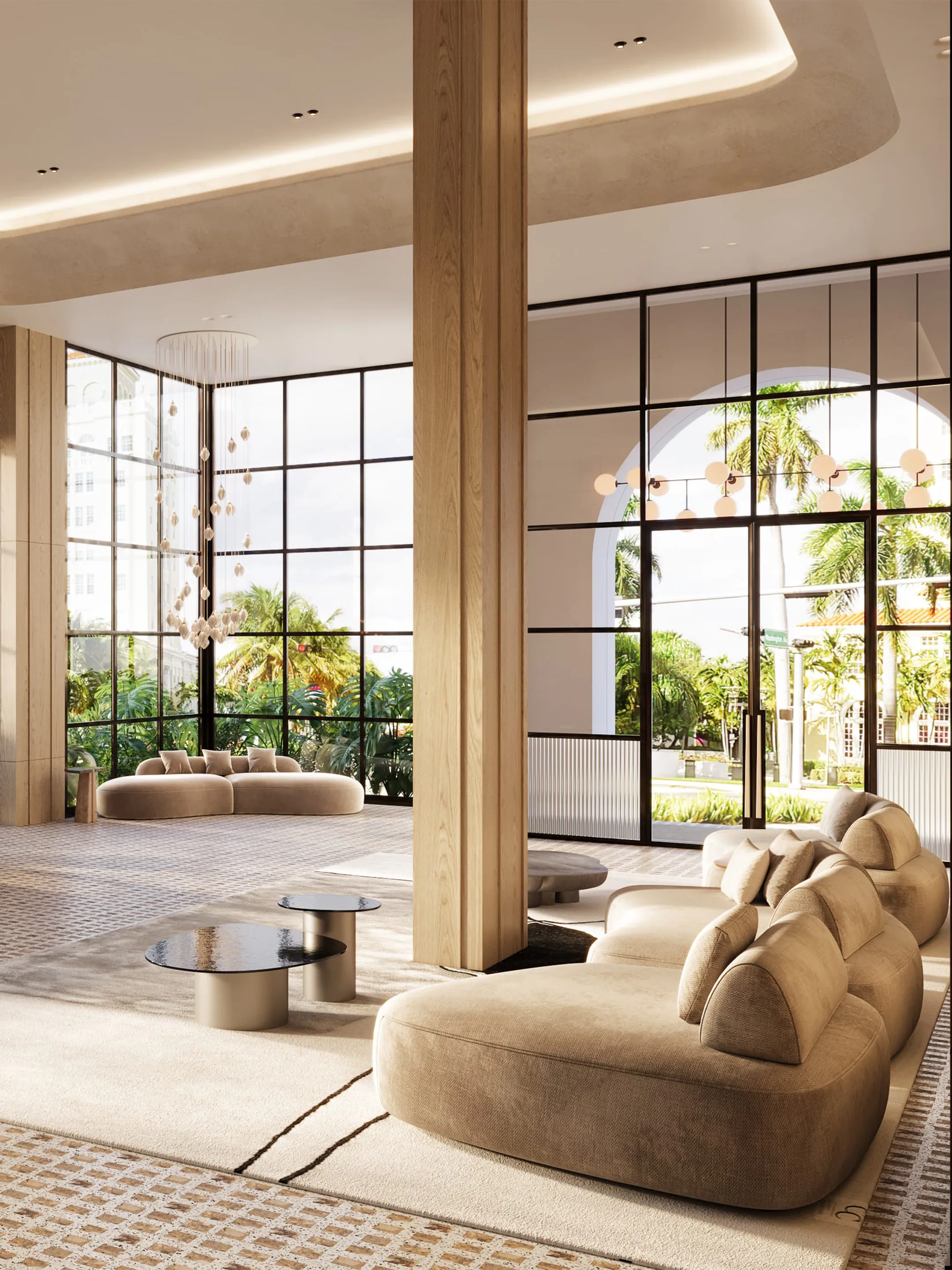 Spacious lounge with curved beige seating, tall wood columns, and windows facing palm trees.