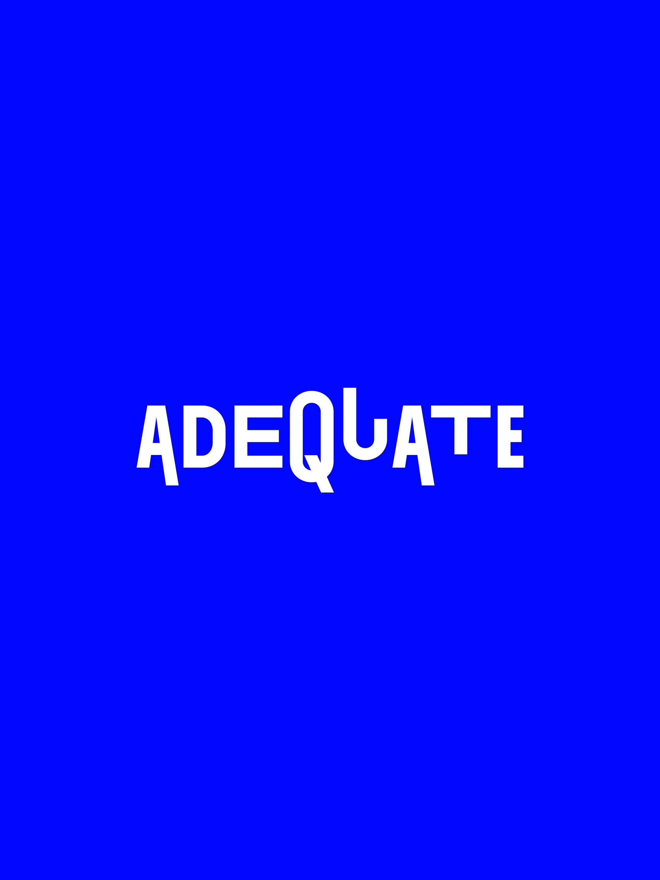 White Adequate wordmark with staggered letter heights on bright blue.