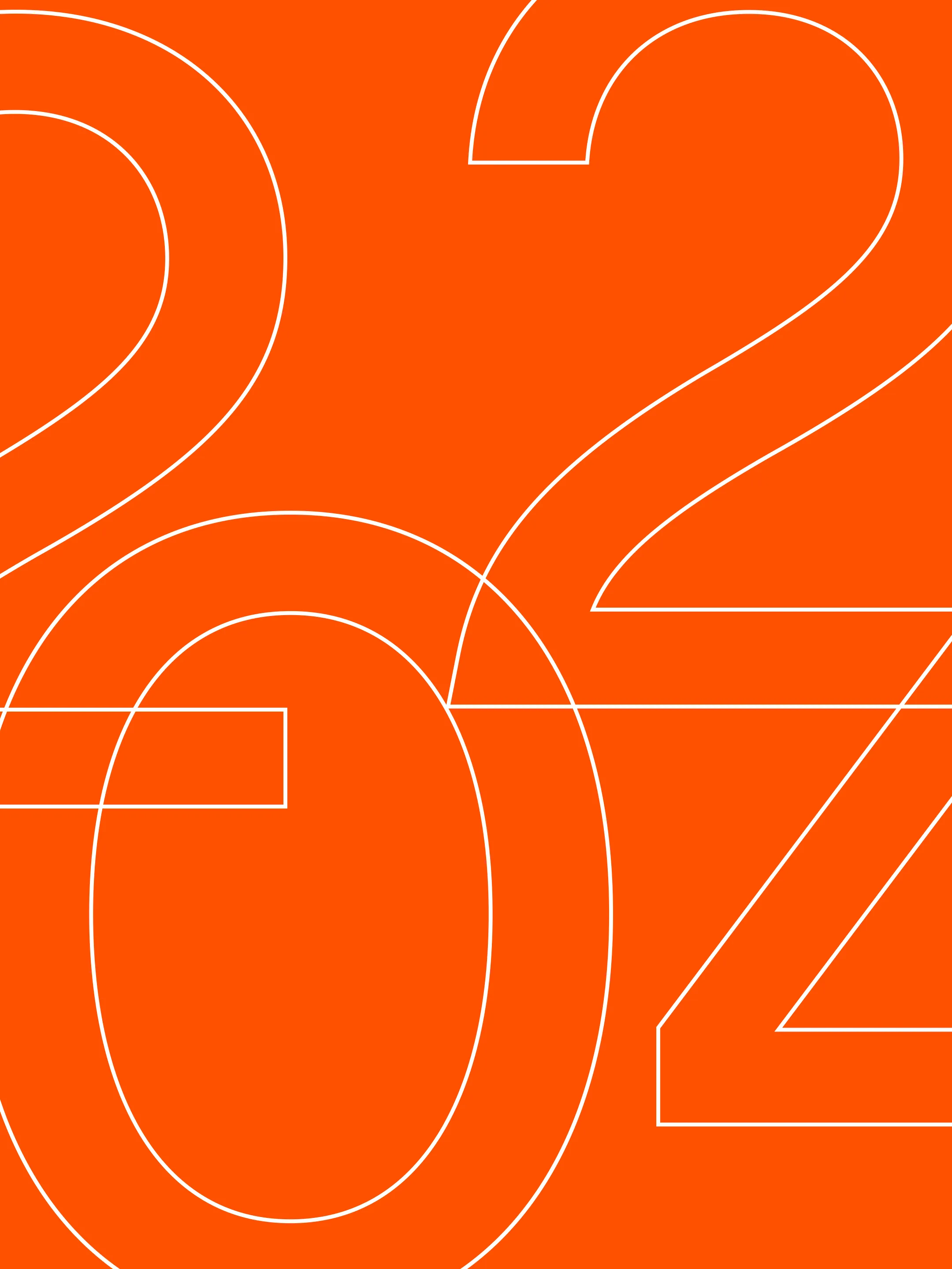 Oversized overlapping outlines of 2024 in cream on bright orange.