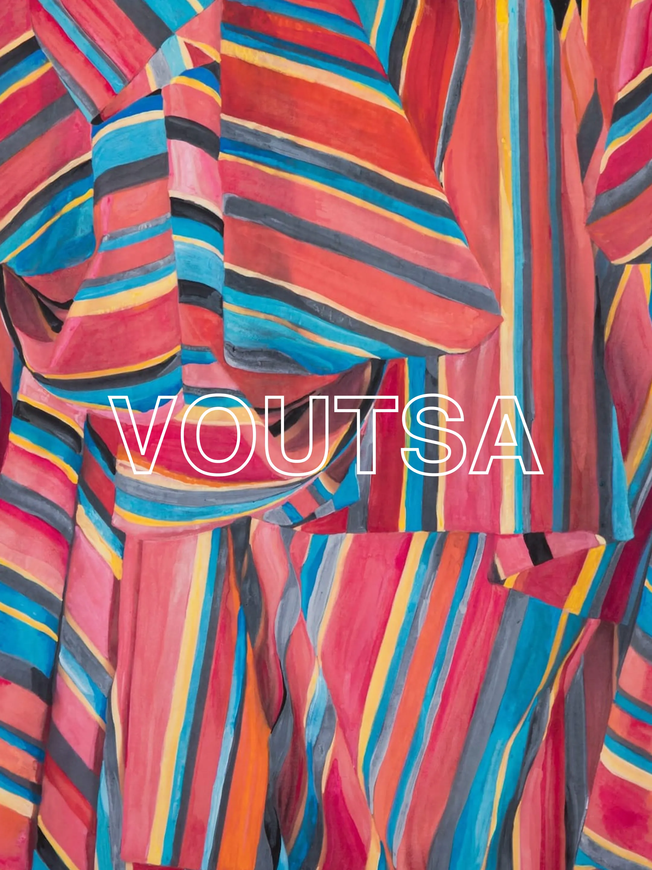 White outlined Voutsa wordmark over a slideshow of colorful painted patterns.