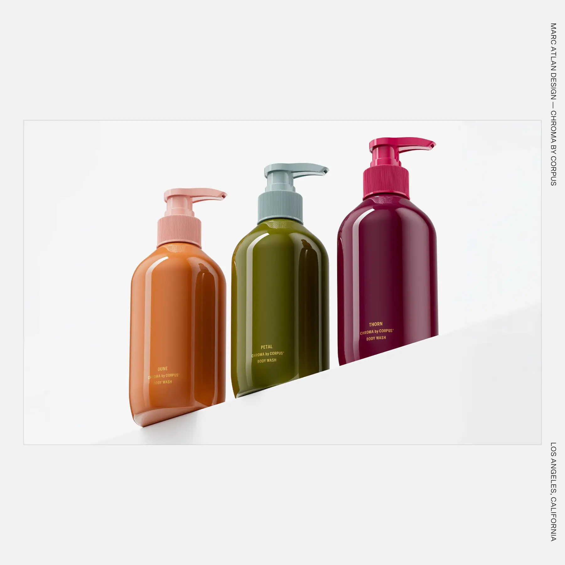 Three colorful Corpus body wash bottles in orange, olive green, and burgundy, arranged against a white background with a diagonal crop.