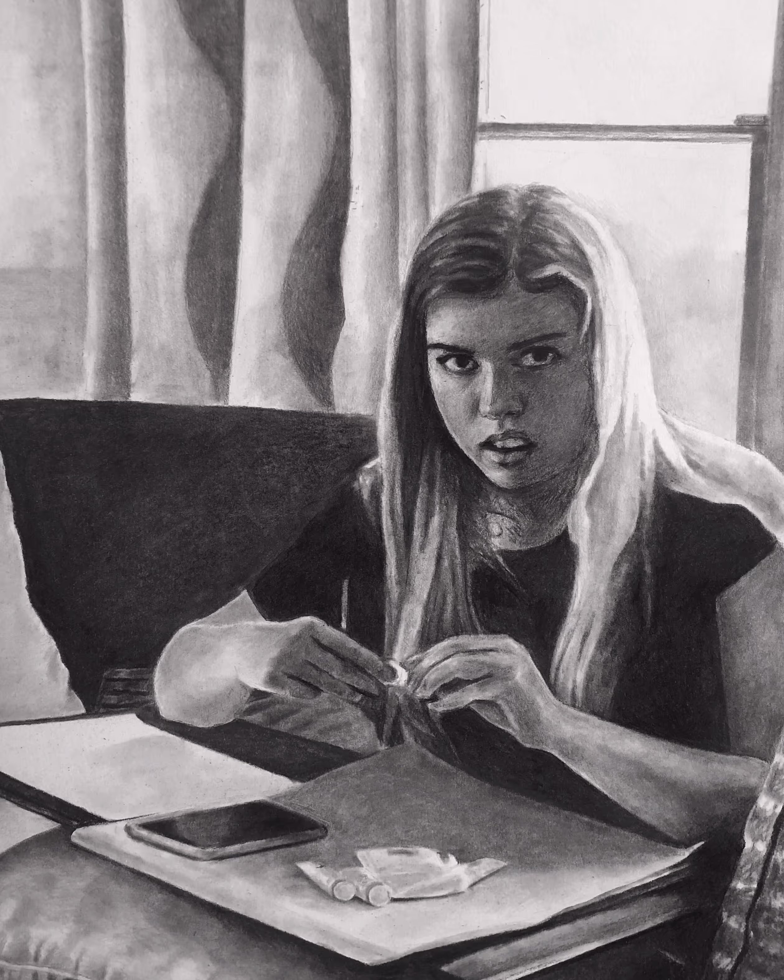 Charcoal self portrait of Sophie Difazio, creator of the portfolio site
