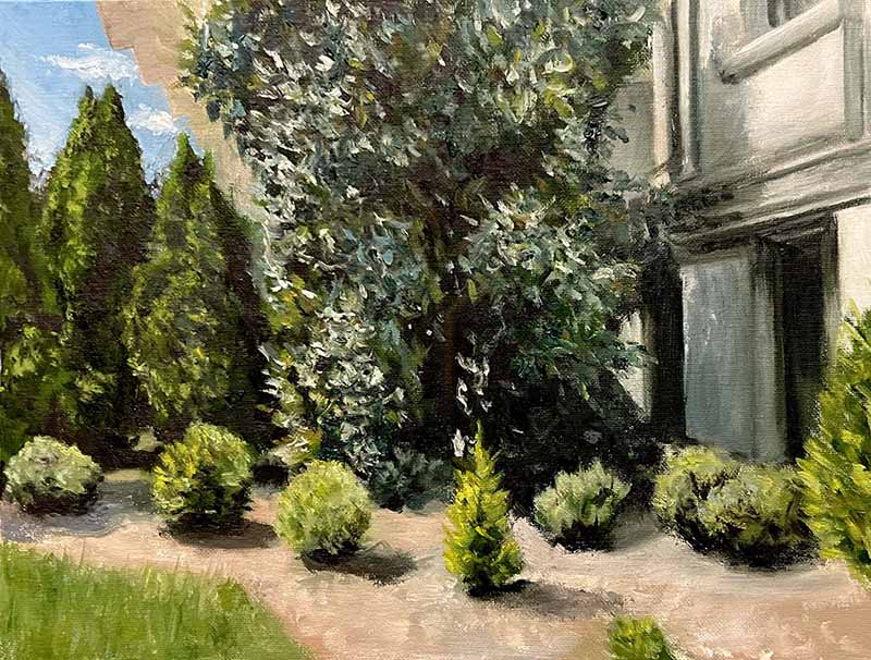 Impressionist style oil painting of trees in front of Bixby Hall at WashU.