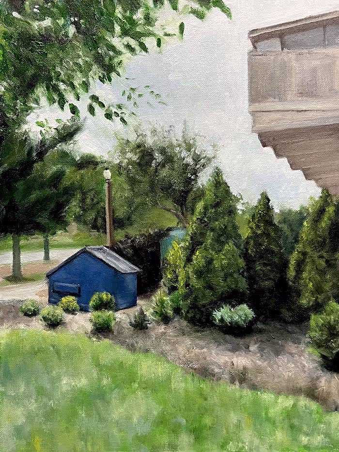 Impressionist style oil painting of trees and a dumpster in front of Bixby Hall at WashU.