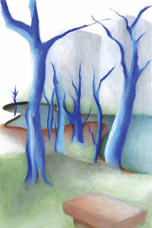 A slightly abstract and hazy drawing created with colored pencils and Adobe photoshop of blue leafless trees in front of a lake and buildings