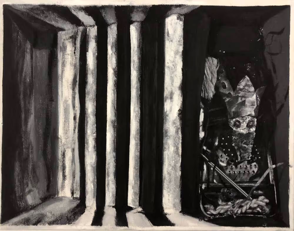 An acrylic black and white painting of a sculpture version of the King of Toys drawing.