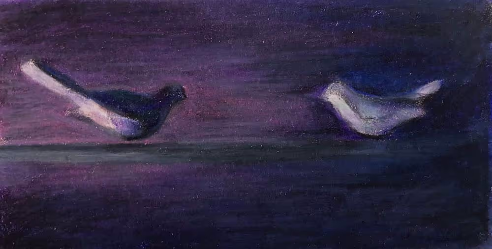 A dark blue and pink colored pencil drawing of a bed headboard with two metal birds attached