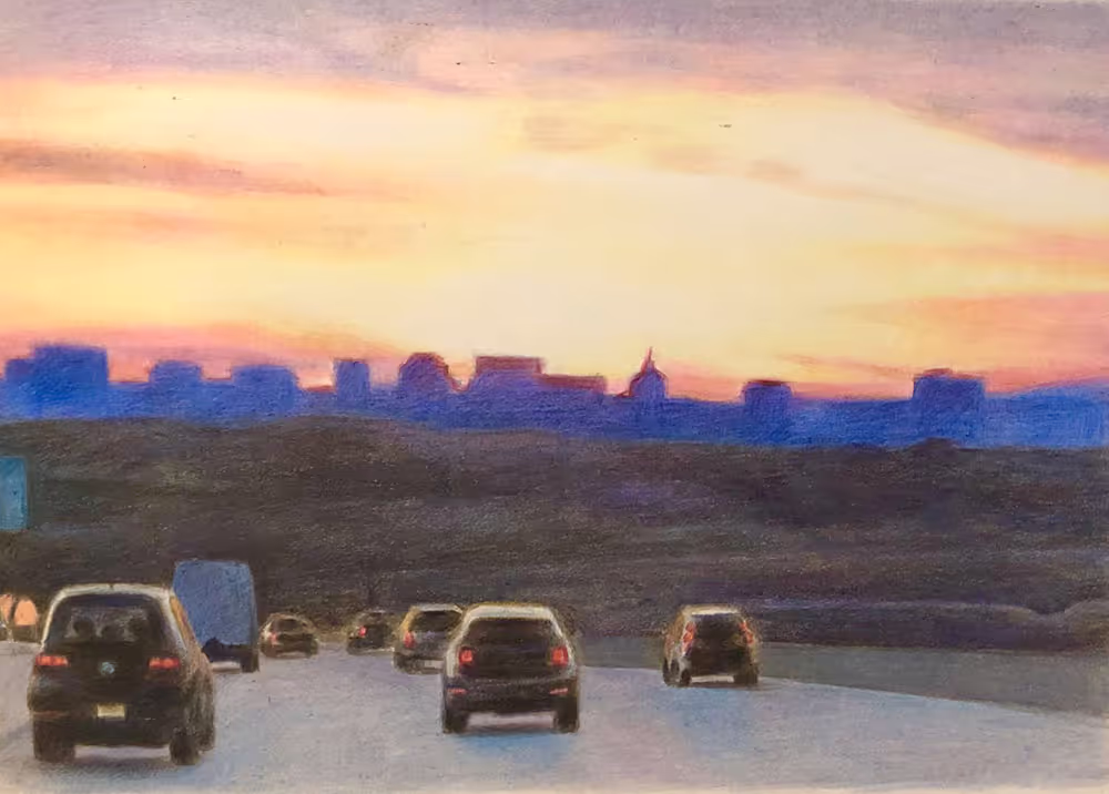 A colored pencil drawing of a sunset over a highway and cars with a city skyline in the distance.
