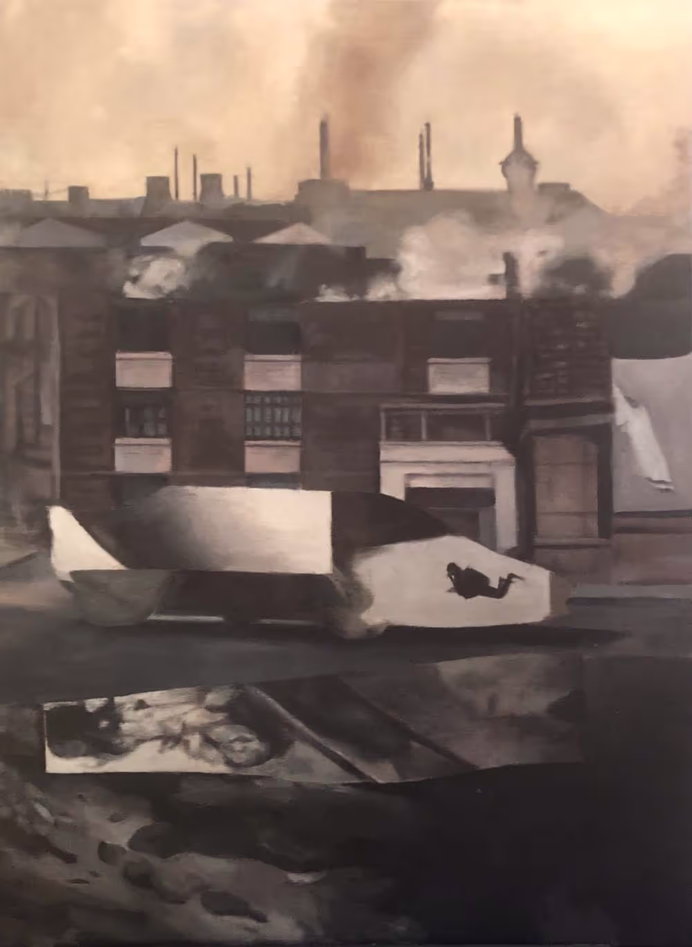 An oil painting of collaged ruins and pollution underwater with a scuba diver swimming through it.