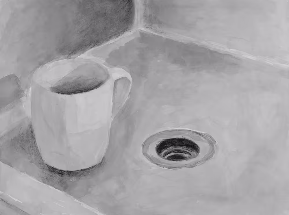 An ink painting of a coffee mug in a sink.