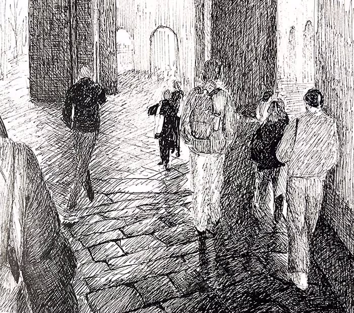 A pen drawing of a group of students walking on cobblestone steps through Parma.