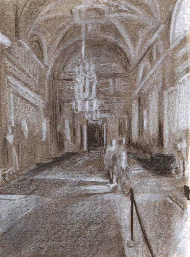 A white colored pencil drawing on tan paper of a hallway in the Palatine Gallery in Florence.