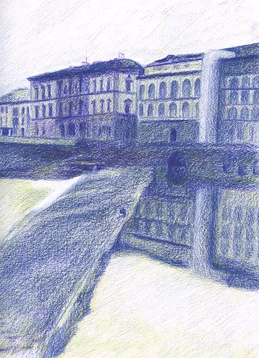 A blue and green colored pencil drawing of a man sitting in the Arno river and fishing in Florence.