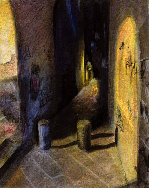 A colored pencil and ink drawing of a dark alleyway in Naples with warm yellow lighting and graffitti.