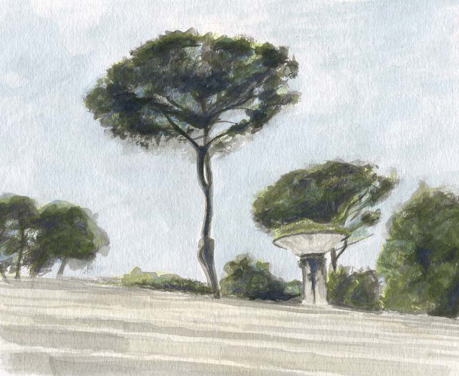 An ink drawing of trees and a fountain at the Villa Borghese in Rome.