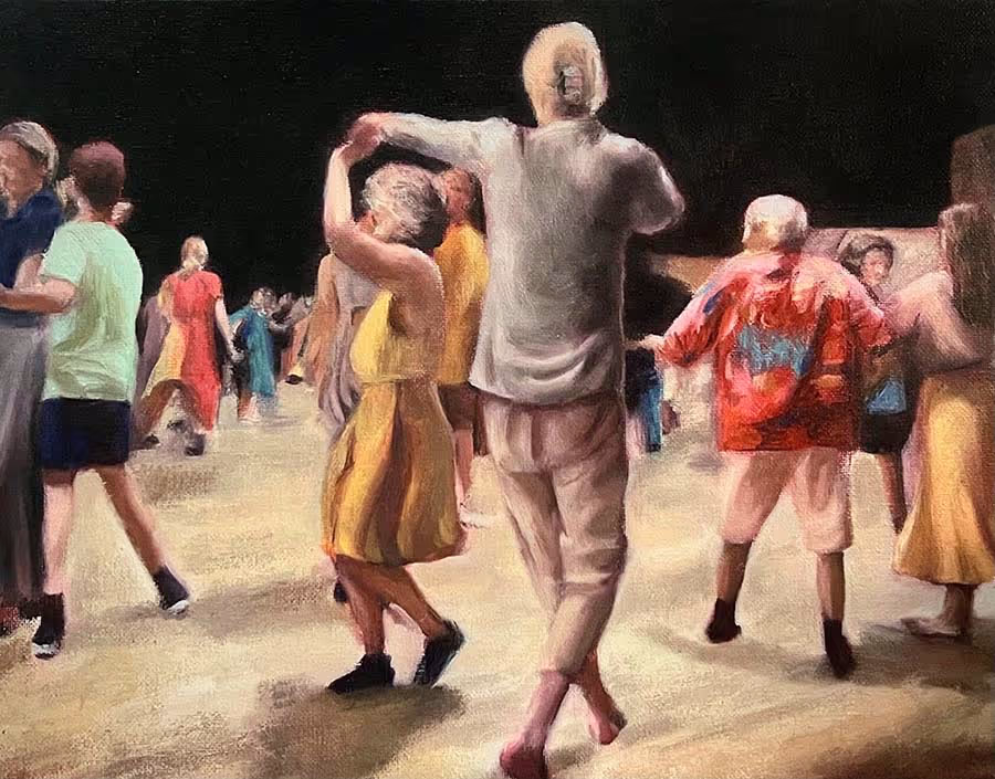 An oil painting of people contra dancing at Swannanoa.