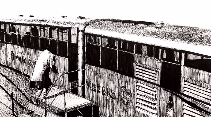 A pen drawing of a woman boarding a train.