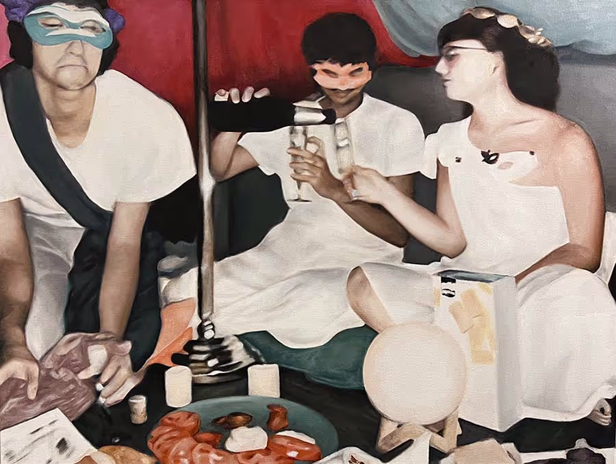 An oil painting of three people wearing togas and masks sitting in a tent drinking champagne and eating snacks.