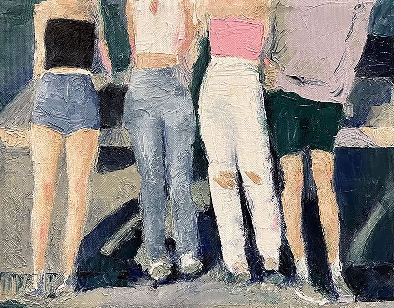 A palette knife oil painting of a group of friends sitting on a bench in the evening with their heads out of view.
