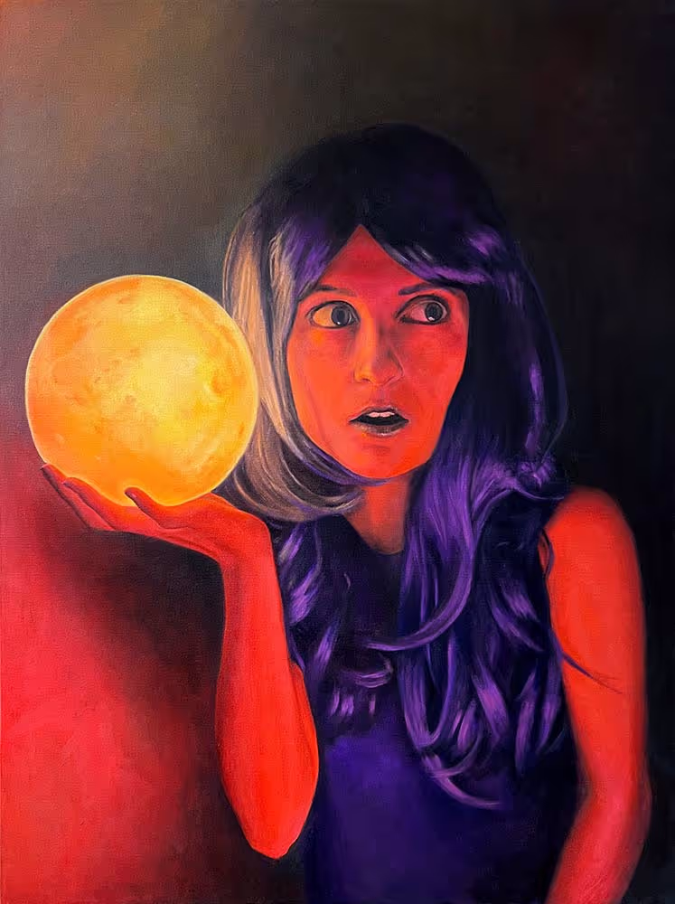 An oil painting of a woman with blue hair, lips, and eyebrows, holding a glowing yellow sphere with red light shining on her.