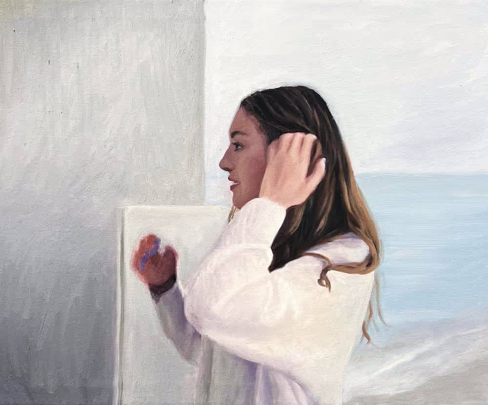 An oil painting of a woman on a balcony by the ocean.