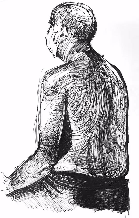 A marker drawing of a man sitting on a stool and facing away.