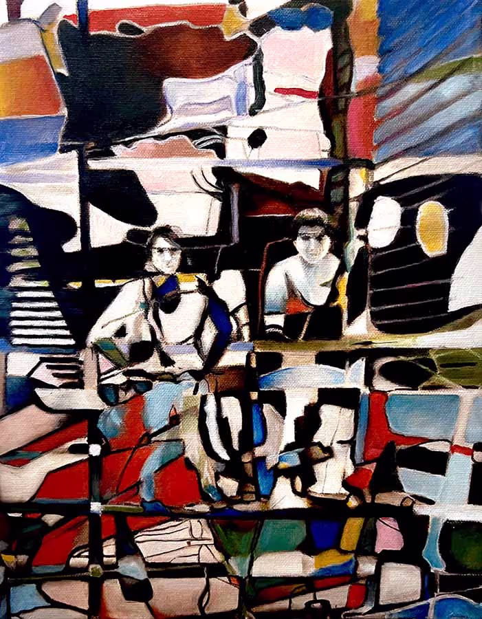 An oil painting of a man and a woman sitting on steps overlaid with colorful glass from a world fair.