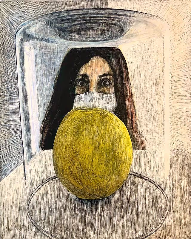A colored pencil and ink drawing on Claybord showing a woman looking through a glass container with a lemon inside.