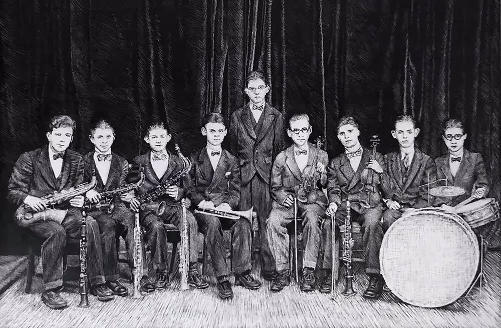 An ink drawing on Claybord of a 1920's band.