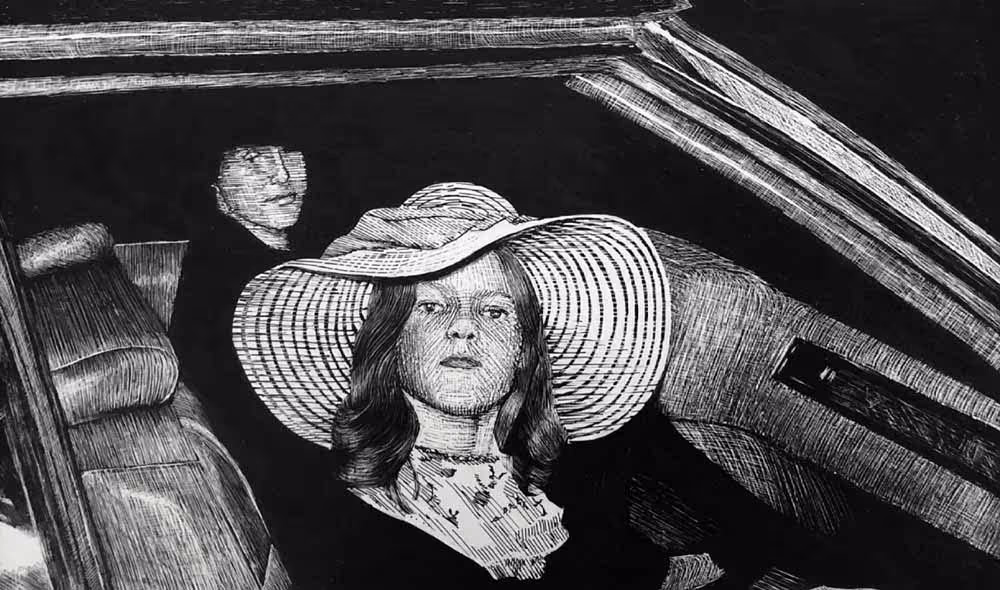 An ink drawing on Claybord of a young girl, Jennifer, in a hat and her mother, Rita, sitting in a car.